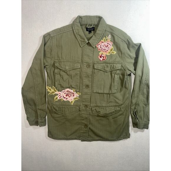 Topshop Floral Embroidered Patch Jacket Women's 6 Army Green Twill - Picture 1 of 12